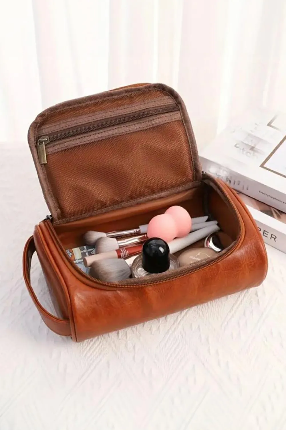 Discount Dear-Lover PU Leather Multifunctional Handle Large Makeup Bag Chestnut