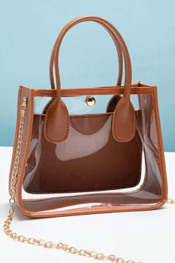 Sale Dear-Lover PVC PU Leather Patchwork Chain Strap Shoulder Bag Chestnut