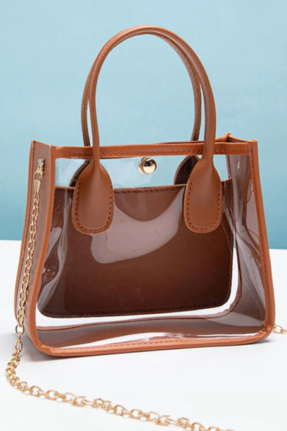 Sale Dear-Lover PVC PU Leather Patchwork Chain Strap Shoulder Bag Chestnut