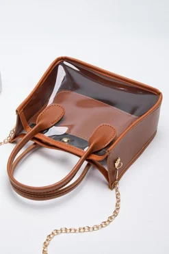 Sale Dear-Lover PVC PU Leather Patchwork Chain Strap Shoulder Bag Chestnut