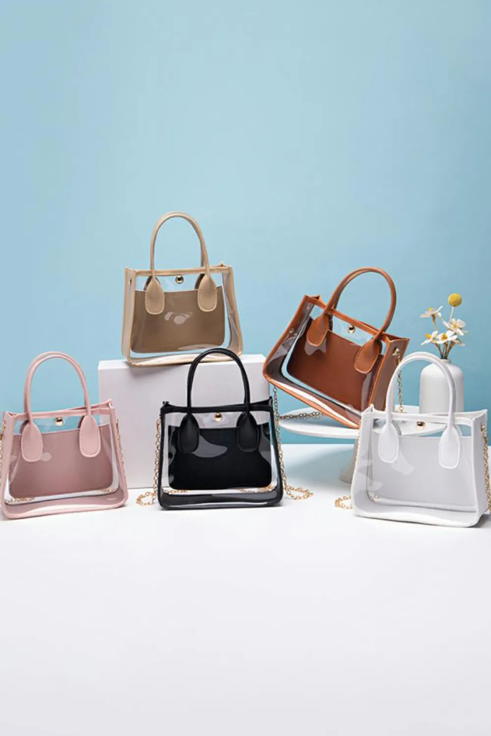 Sale Dear-Lover PVC PU Leather Patchwork Chain Strap Shoulder Bag Chestnut