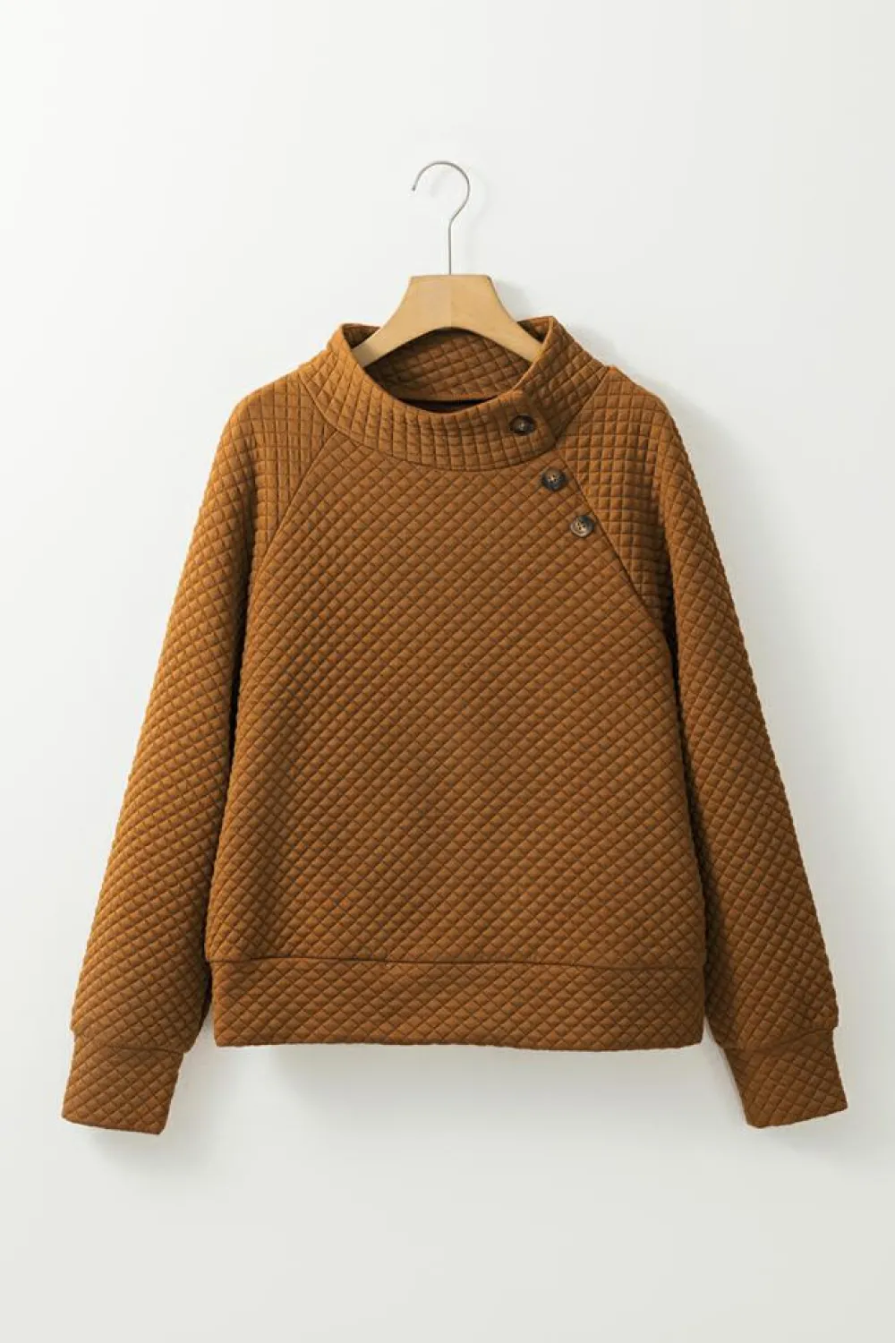 Outlet Dear-Lover Quilted Buttoned Neckline Stand Neck Pullover Sweatshirt Chestnut