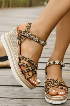 Hot Dear-Lover Rhinestone Flower Decor Leopard Strappy Wedge Sandals Chestnut