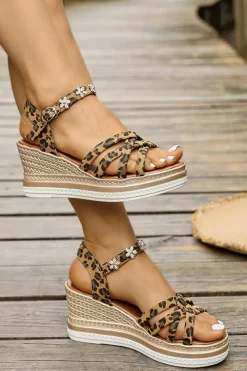 Hot Dear-Lover Rhinestone Flower Decor Leopard Strappy Wedge Sandals Chestnut