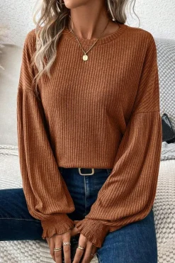Fashion Dear-Lover Ribbed Knit Drop Shoulder Ruffled Sleeve Textured Top Chestnut