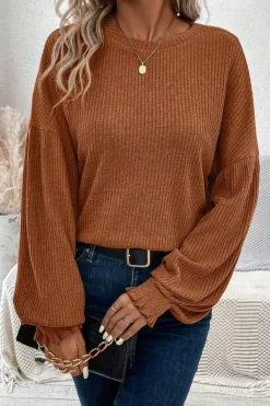 Fashion Dear-Lover Ribbed Knit Drop Shoulder Ruffled Sleeve Textured Top Chestnut