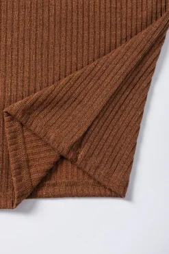 Fashion Dear-Lover Ribbed Knit Drop Shoulder Ruffled Sleeve Textured Top Chestnut