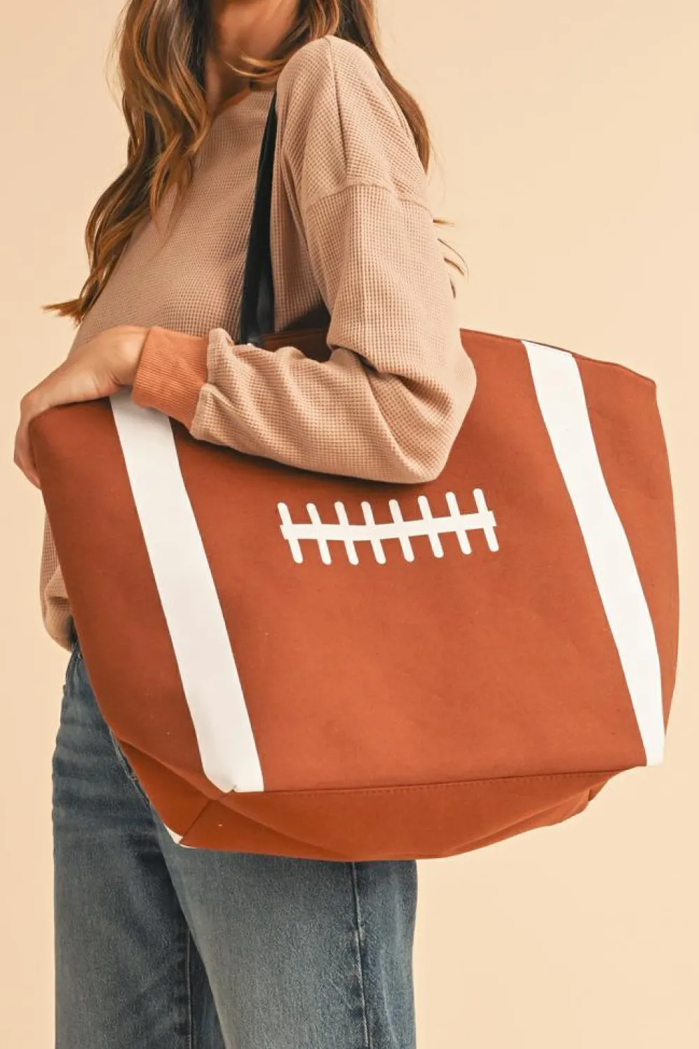 New Dear-Lover Rugby Pattern Canvas Large Tote Bag Chestnut