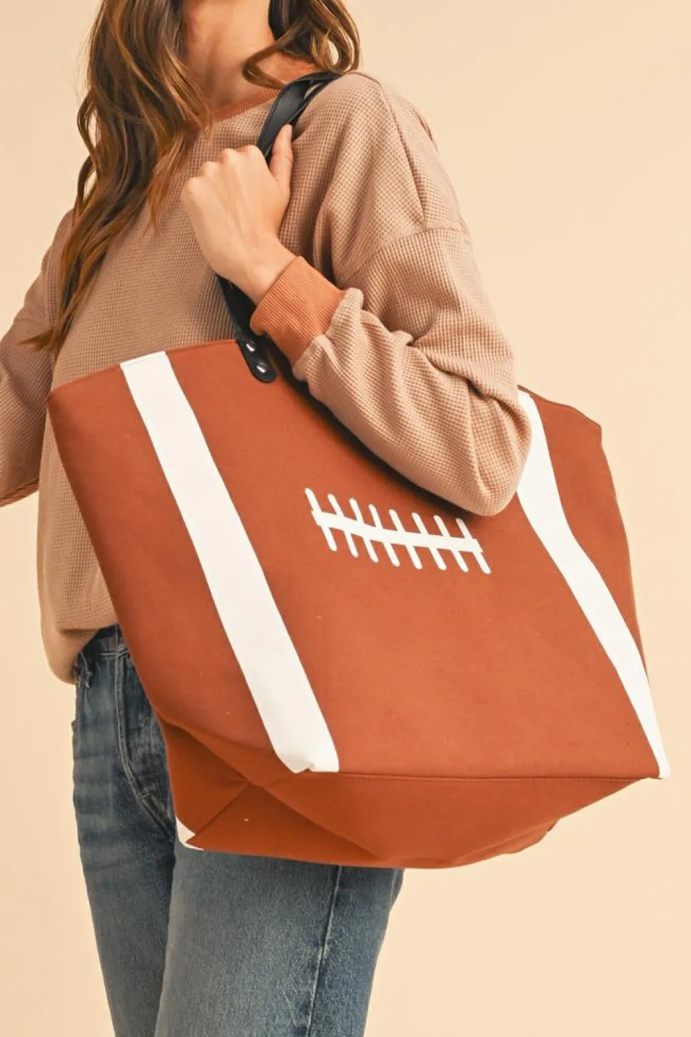 New Dear-Lover Rugby Pattern Canvas Large Tote Bag Chestnut