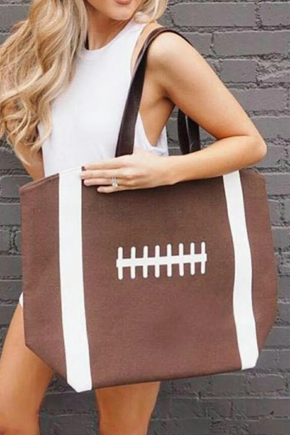 New Dear-Lover Rugby Pattern Canvas Large Tote Bag Chestnut