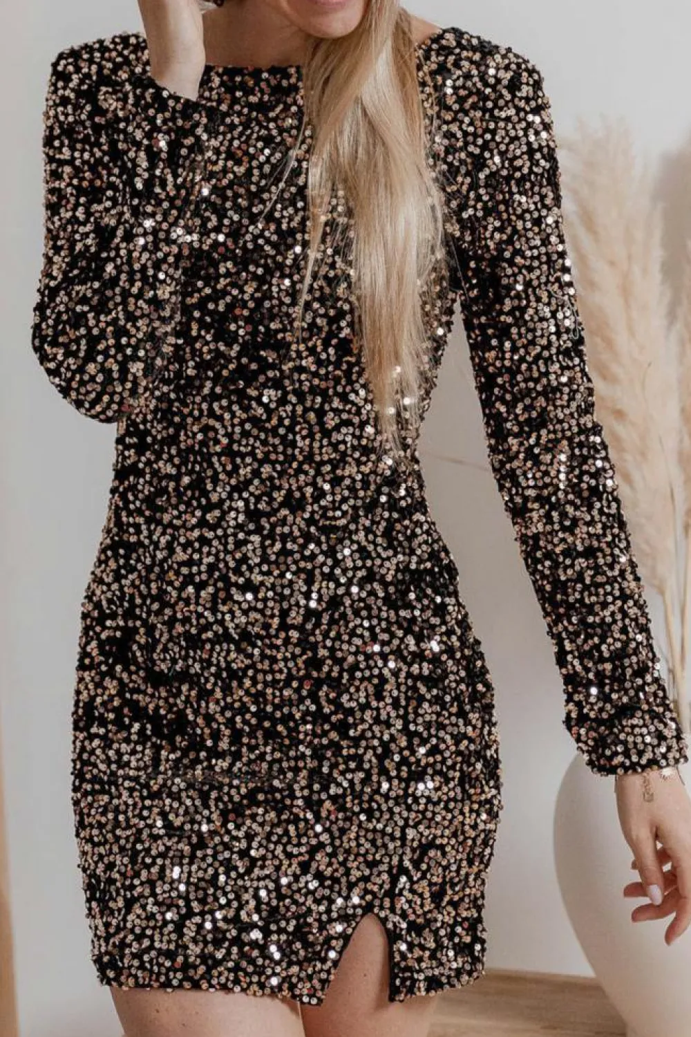 Discount Dear-Lover Sequin Crew Neck Long Sleeve Bodycon Dress Chestnut