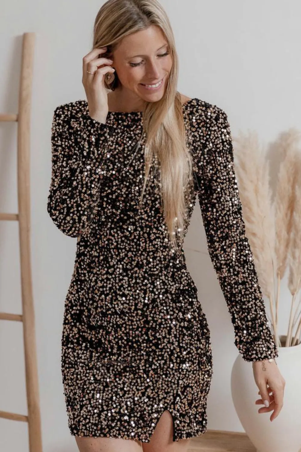 Discount Dear-Lover Sequin Crew Neck Long Sleeve Bodycon Dress Chestnut
