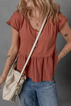 Outlet Dear-Lover Short Sleeve U Neck Buttons Splicing Ruffle Blouse Chestnut