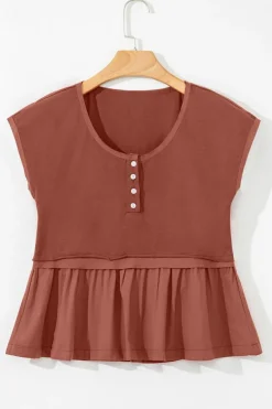 Outlet Dear-Lover Short Sleeve U Neck Buttons Splicing Ruffle Blouse Chestnut