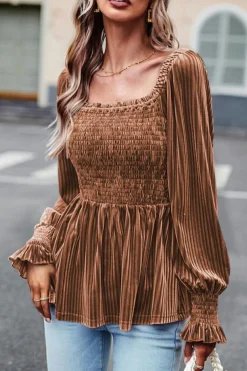 Online Dear-Lover Smocked Ribbed Velvet Babydoll Top Chestnut
