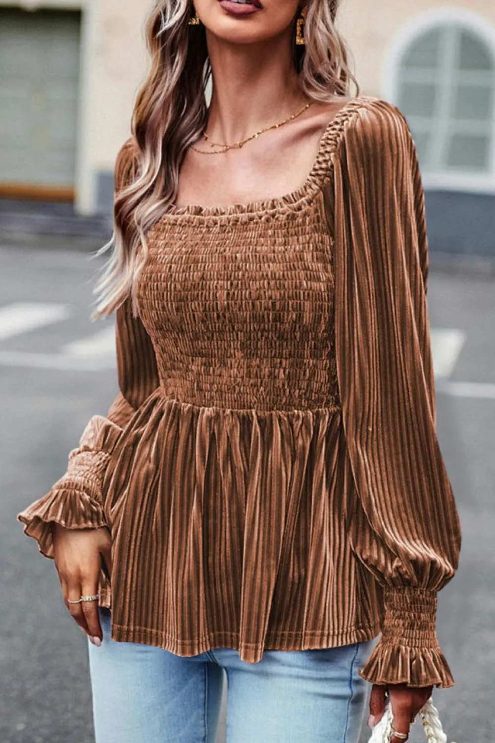 Online Dear-Lover Smocked Ribbed Velvet Babydoll Top Chestnut