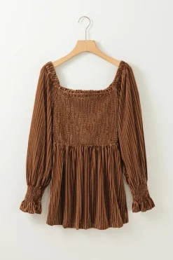 Online Dear-Lover Smocked Ribbed Velvet Babydoll Top Chestnut