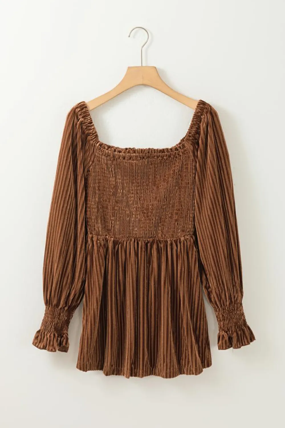 Online Dear-Lover Smocked Ribbed Velvet Babydoll Top Chestnut