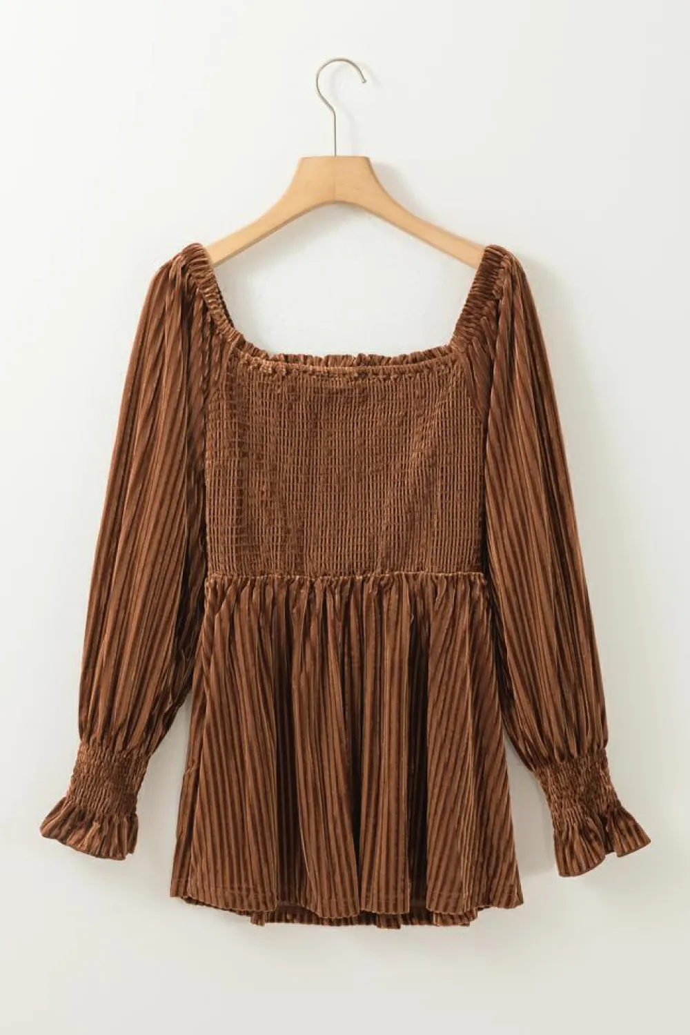 Online Dear-Lover Smocked Ribbed Velvet Babydoll Top Chestnut