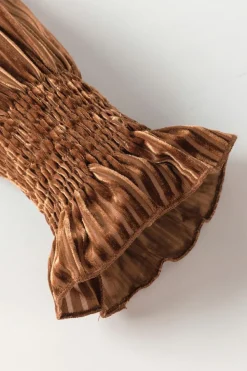 Online Dear-Lover Smocked Ribbed Velvet Babydoll Top Chestnut