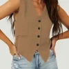 Sale Dear-Lover Solid Color Button up V Neck Suit Vest Chestnut
