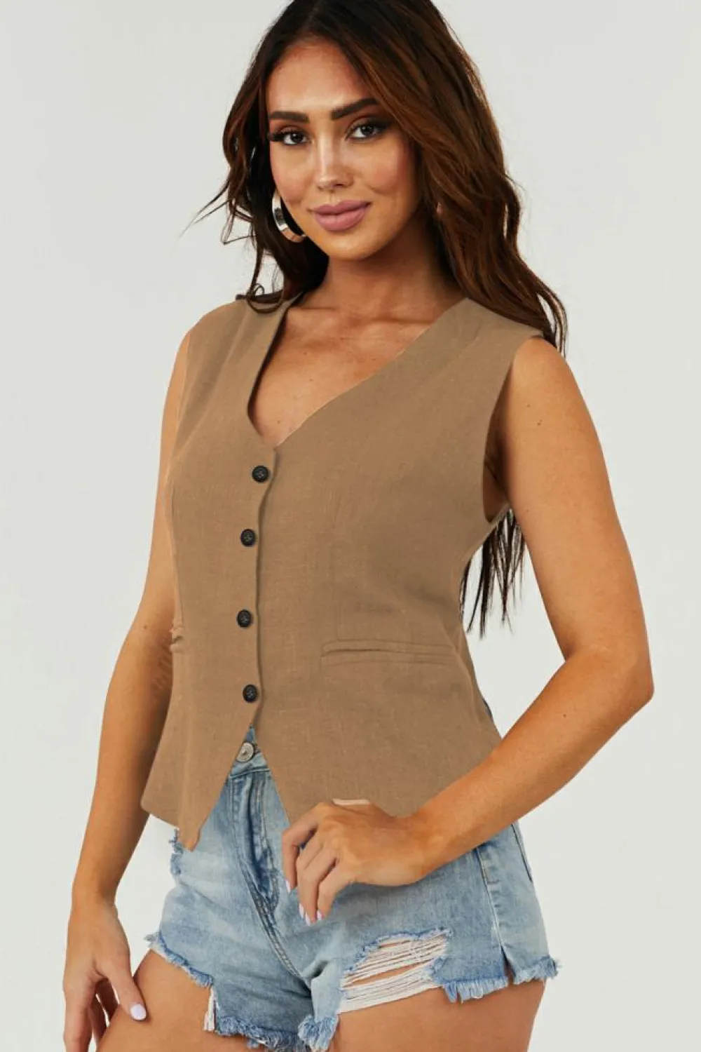 Sale Dear-Lover Solid Color Button up V Neck Suit Vest Chestnut