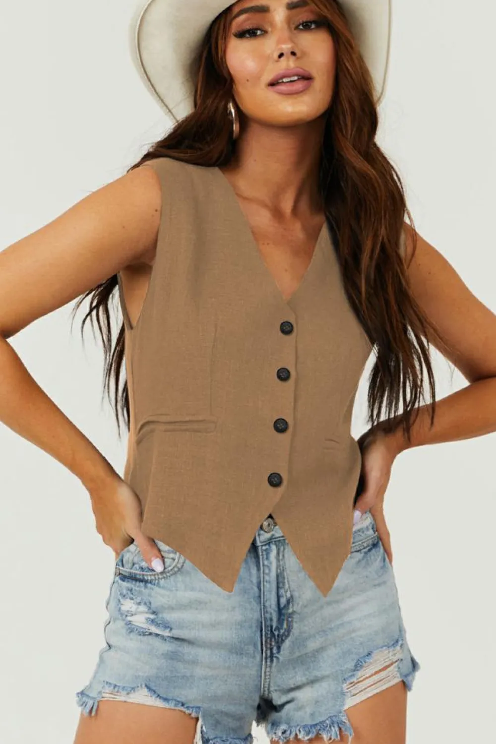 Sale Dear-Lover Solid Color Button up V Neck Suit Vest Chestnut