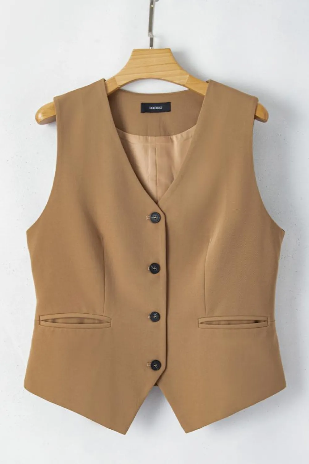 Sale Dear-Lover Solid Color Button up V Neck Suit Vest Chestnut