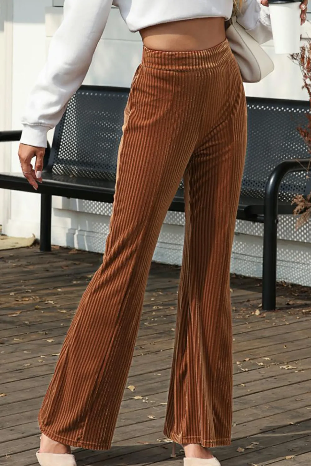 Best Dear-Lover Solid Color High Waist Flare Corduroy Pants Chestnut