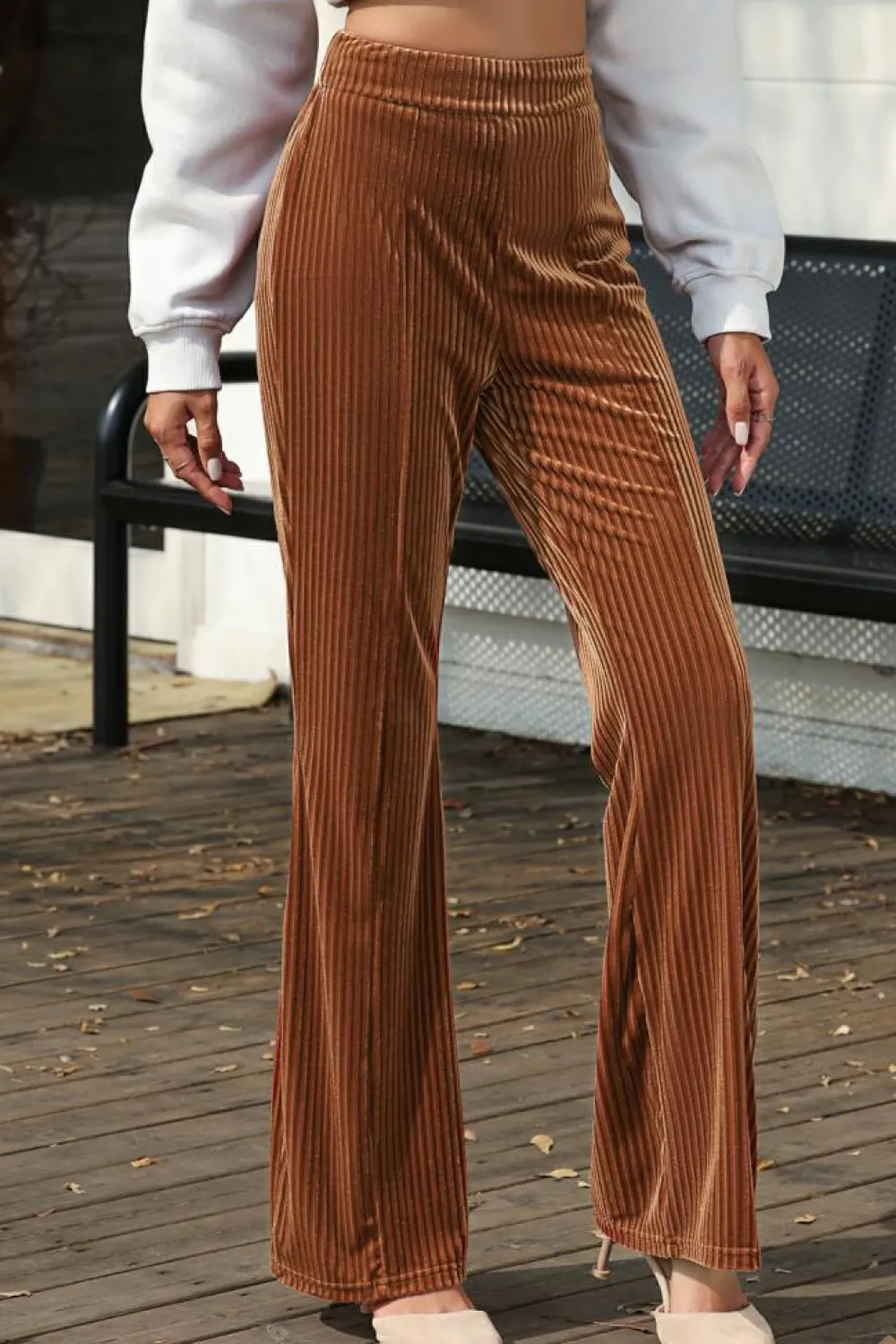 Best Dear-Lover Solid Color High Waist Flare Corduroy Pants Chestnut