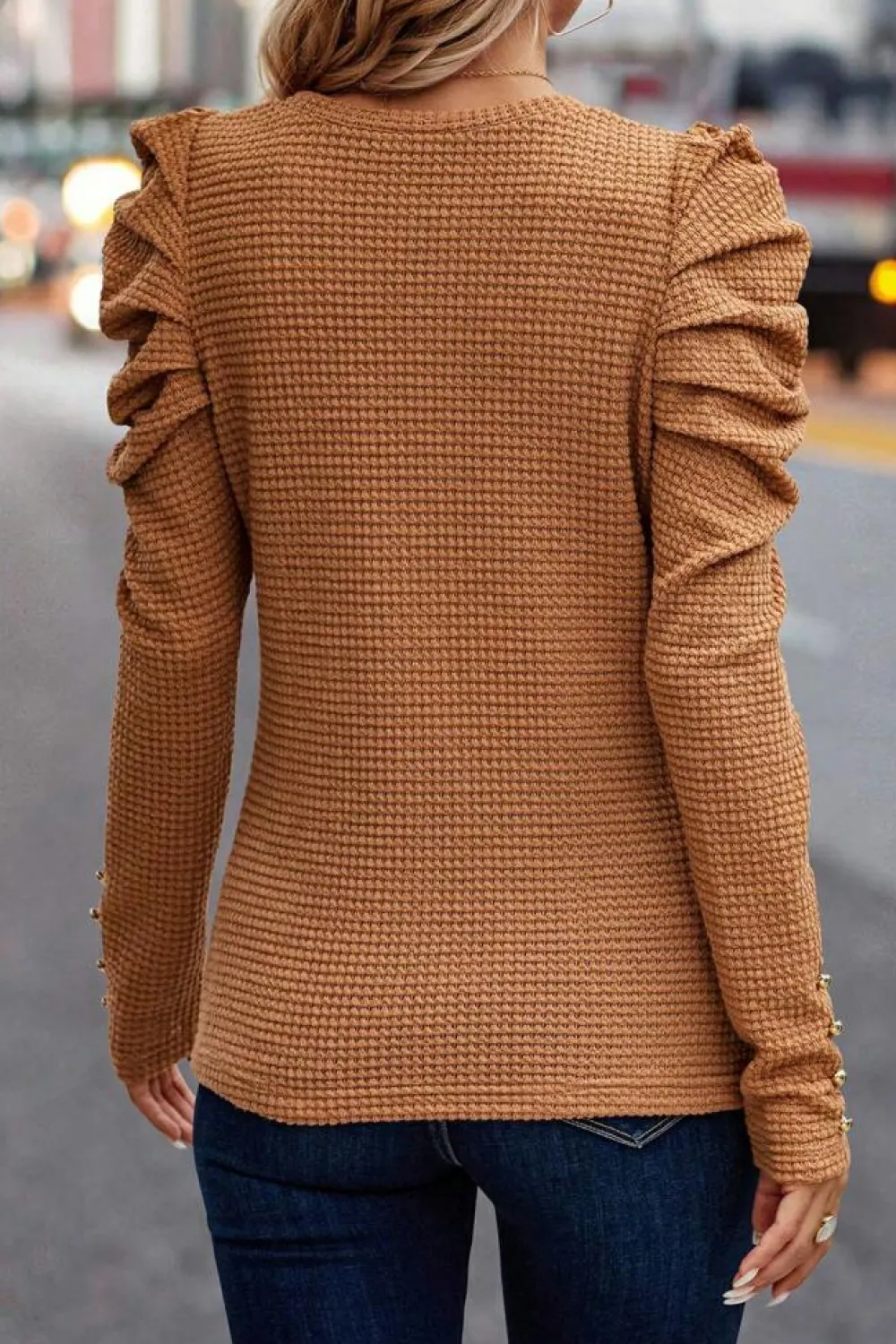 New Dear-Lover Solid Color Textured Buttoned Gigot Sleeve Top Chestnut