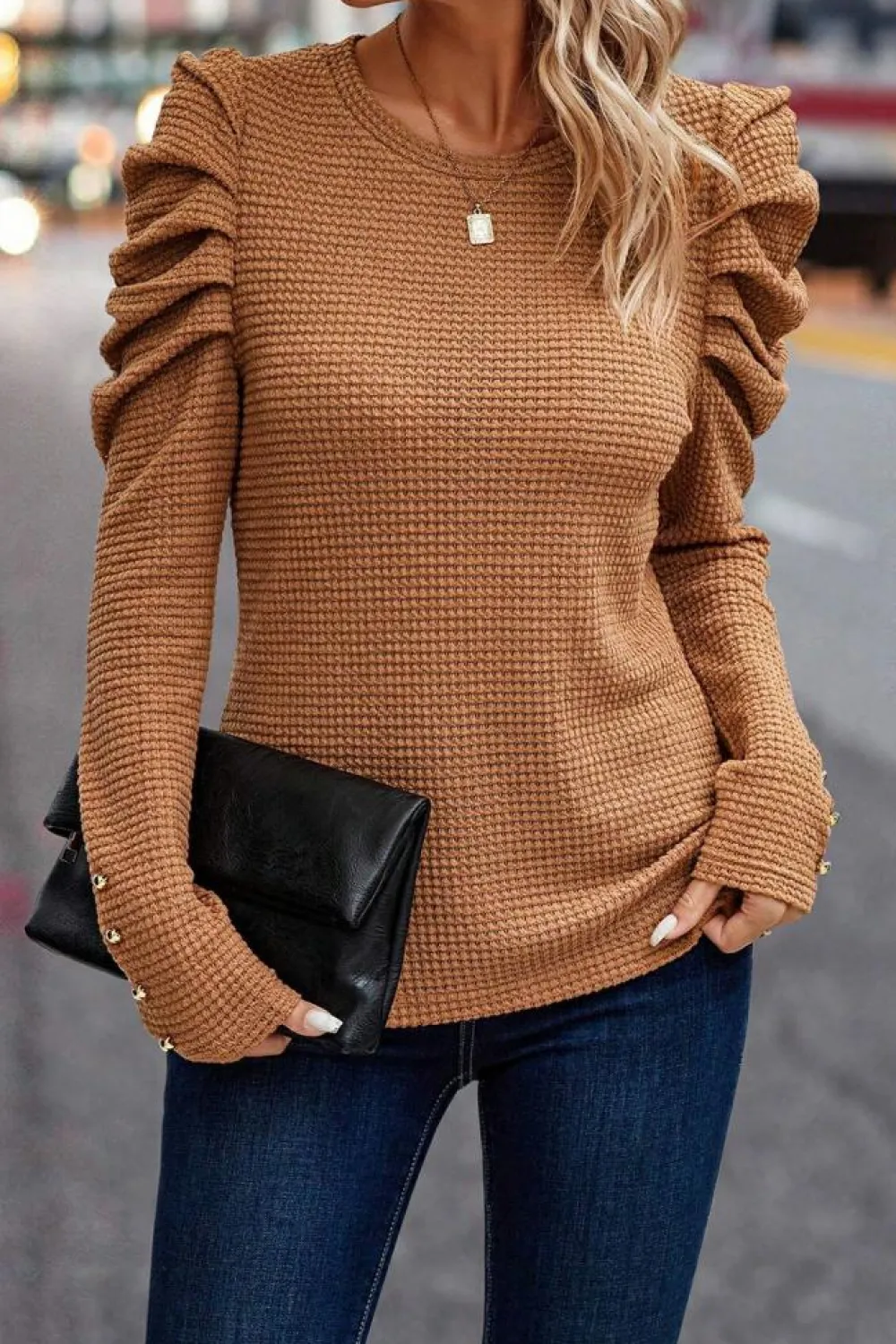 New Dear-Lover Solid Color Textured Buttoned Gigot Sleeve Top Chestnut