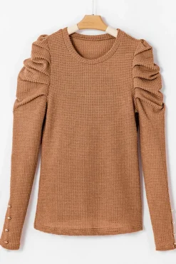 New Dear-Lover Solid Color Textured Buttoned Gigot Sleeve Top Chestnut