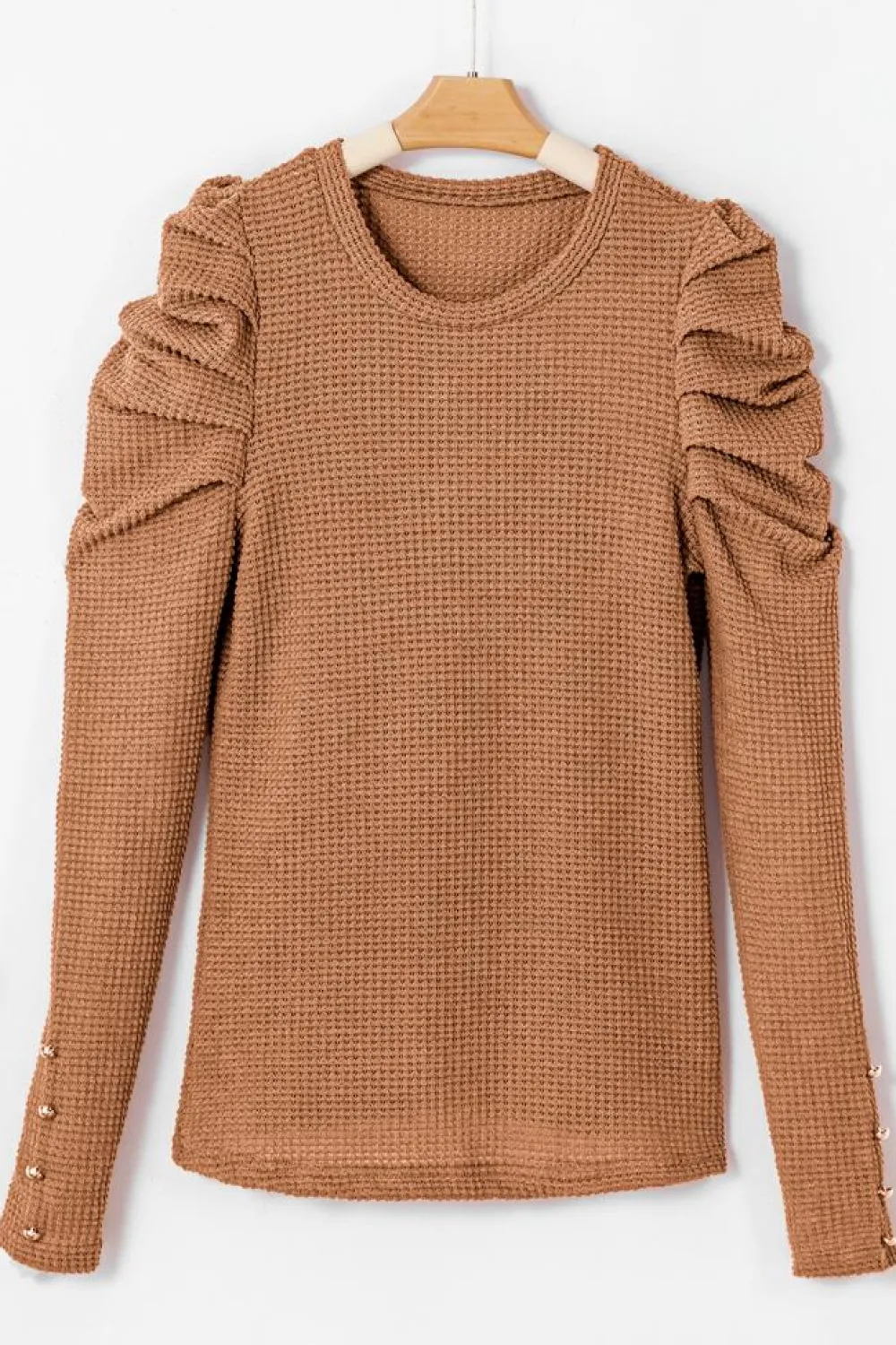 New Dear-Lover Solid Color Textured Buttoned Gigot Sleeve Top Chestnut