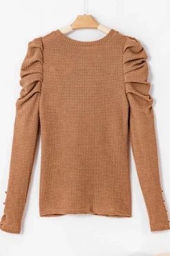 New Dear-Lover Solid Color Textured Buttoned Gigot Sleeve Top Chestnut