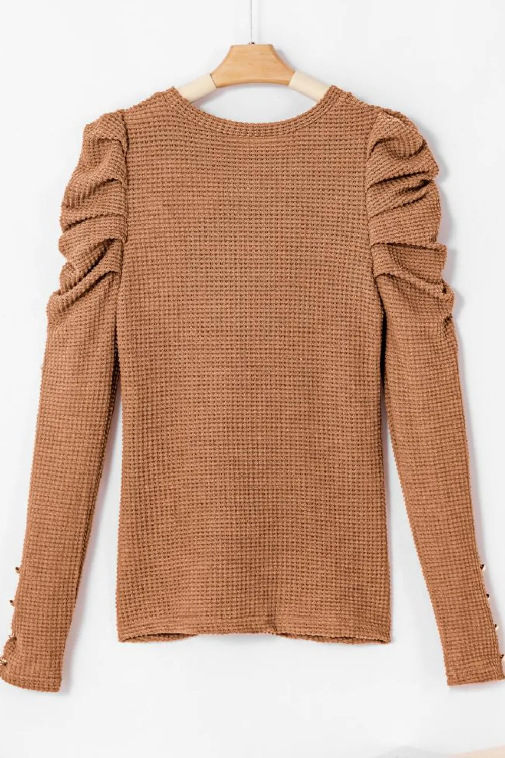 New Dear-Lover Solid Color Textured Buttoned Gigot Sleeve Top Chestnut