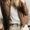 New Dear-Lover Solid Faux Leather Zipper Slim Fit Bomber Jacket Chestnut