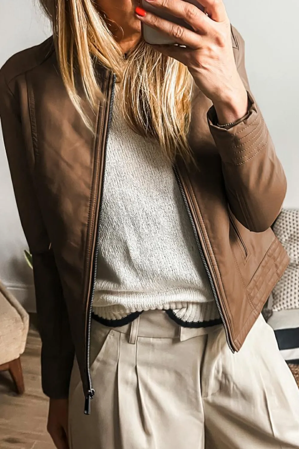 New Dear-Lover Solid Faux Leather Zipper Slim Fit Bomber Jacket Chestnut
