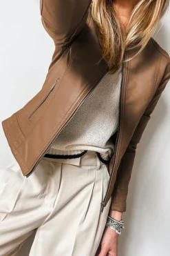 New Dear-Lover Solid Faux Leather Zipper Slim Fit Bomber Jacket Chestnut