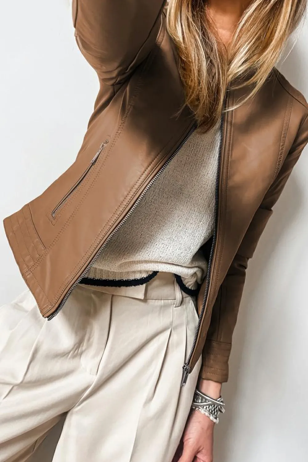 New Dear-Lover Solid Faux Leather Zipper Slim Fit Bomber Jacket Chestnut