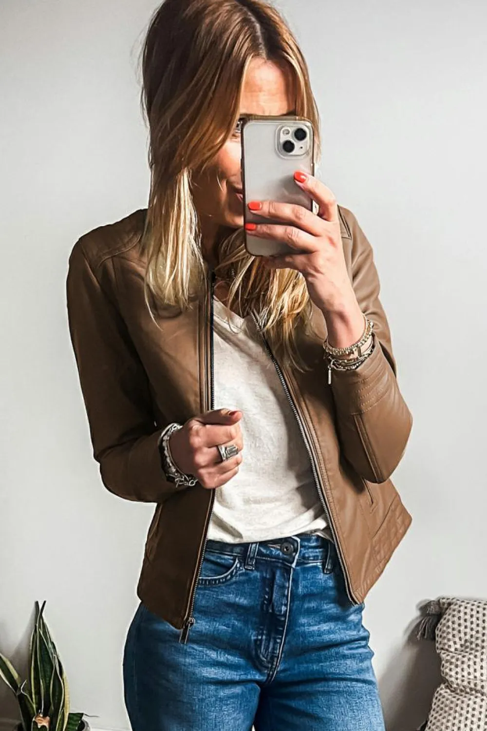 New Dear-Lover Solid Faux Leather Zipper Slim Fit Bomber Jacket Chestnut