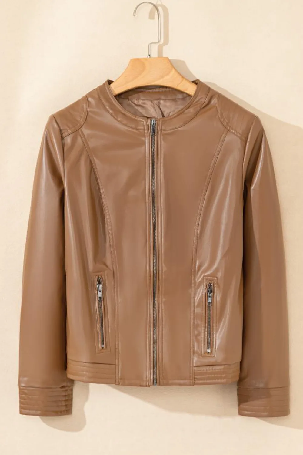 New Dear-Lover Solid Faux Leather Zipper Slim Fit Bomber Jacket Chestnut