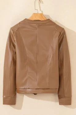 New Dear-Lover Solid Faux Leather Zipper Slim Fit Bomber Jacket Chestnut
