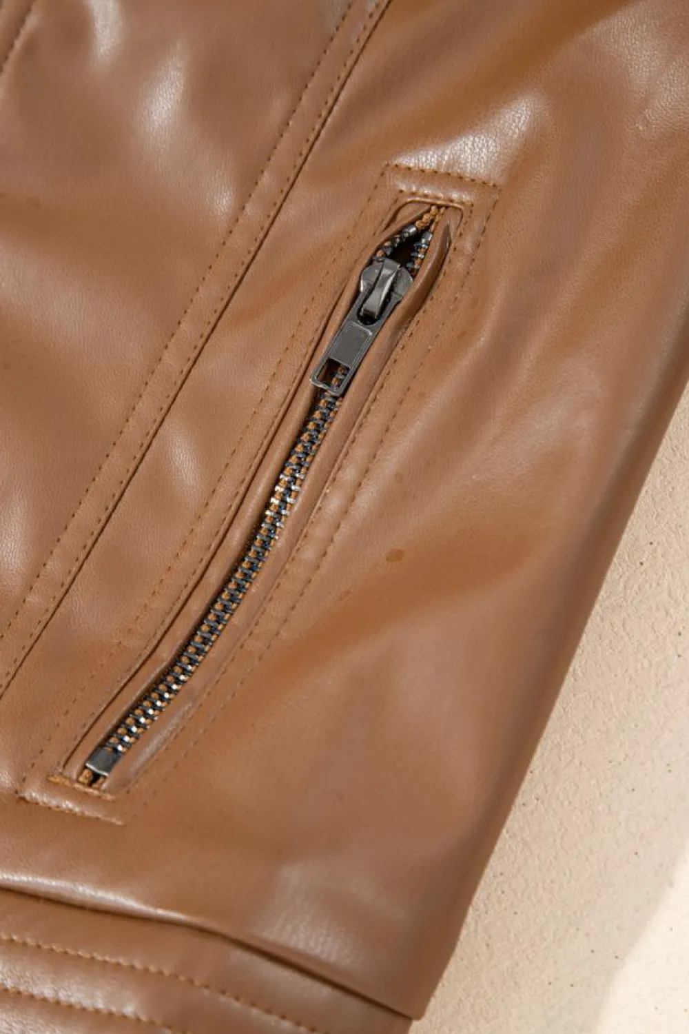 New Dear-Lover Solid Faux Leather Zipper Slim Fit Bomber Jacket Chestnut