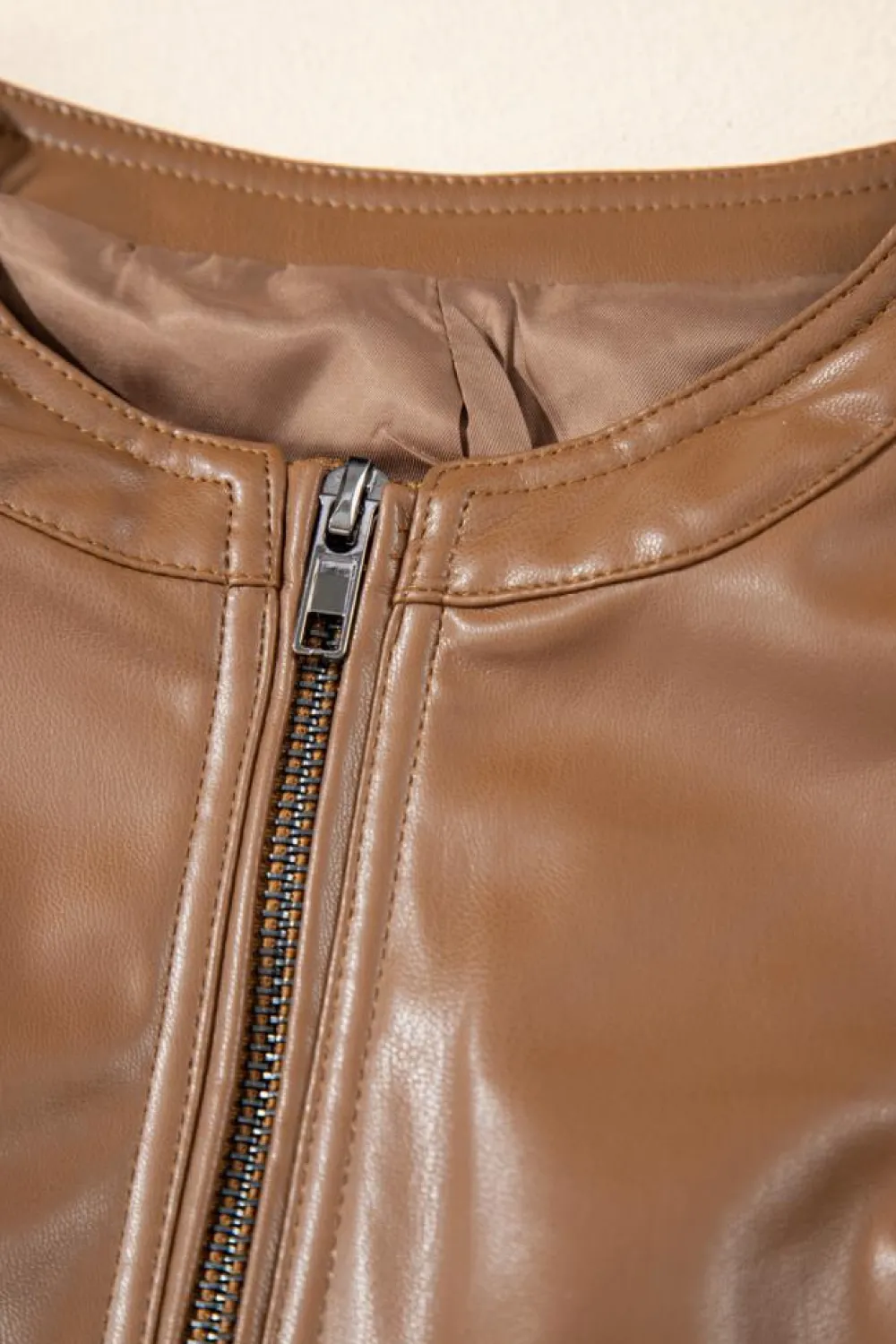 New Dear-Lover Solid Faux Leather Zipper Slim Fit Bomber Jacket Chestnut