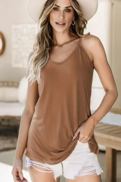 Hot Dear-Lover Spaghetti Strap V-Neck Flowy Tunic Tank Top Chestnut