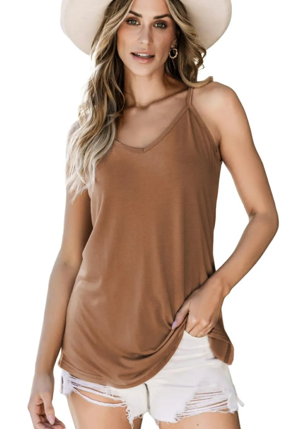 Hot Dear-Lover Spaghetti Strap V-Neck Flowy Tunic Tank Top Chestnut