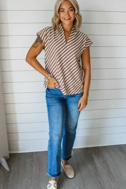 Best Dear-Lover Striped Stand V Neck Short Sleeve Blouse Chestnut