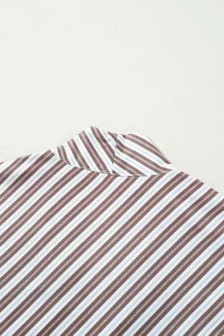Best Dear-Lover Striped Stand V Neck Short Sleeve Blouse Chestnut