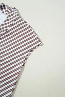 Best Dear-Lover Striped Stand V Neck Short Sleeve Blouse Chestnut